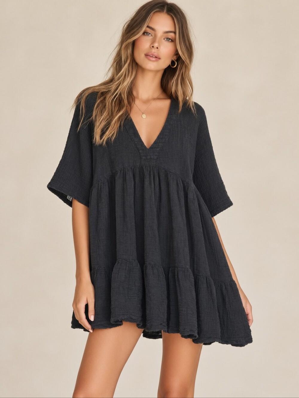 9seed EL MATADOR Ruffle Tier Dress in Black Gauzy Cotton Oversized Size P/S